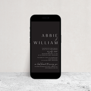 Visual mock up of Abbie digital wedding invitation with clean, elegant layout and timeless typography, styled with a minimalist aesthetic.