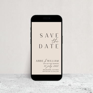 Visual mock up of Abbie wedding digital save the date with clean, elegant layout and timeless typography, styled with a minimalist aesthetic.