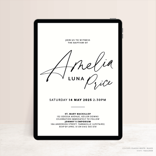 Amelia: Digital Baptism Invitation +Digital Birthday Invitation