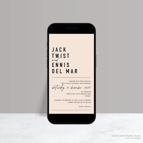 Visual design mock up of Never Let You Go digital wedding invitation featuring bold and delicate typography with modern, expressive layout and semi-custom design.